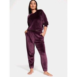 Victorias Secret Velour Lounge Set Purple Ribbed Crewneck Jogger TOP M/PANTS S